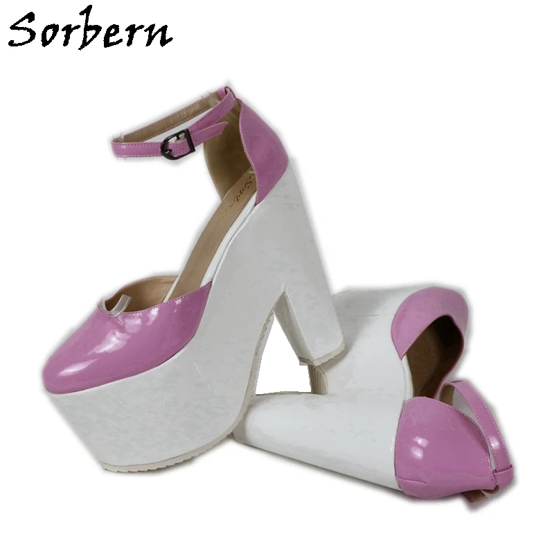 

Sorbern Pink Patent White Block Wedge Pumps For Women Shoes Ankle Strap Platform Heels Lolita Shoes White Shoes Custom Colors