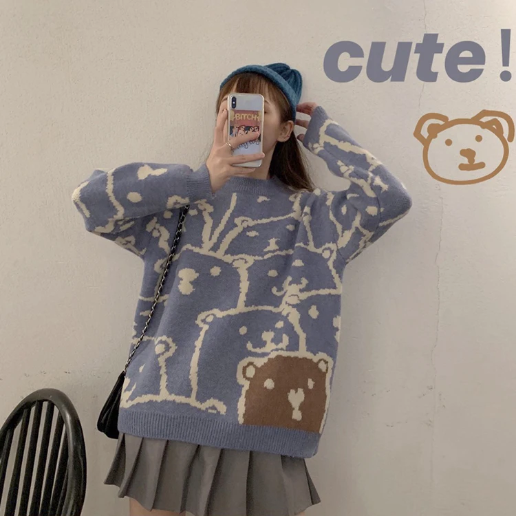 

Женский свитер, сезон весна-зима 2020, женская одежда, новинка, Свободный пуловер с длинным рукавом и милым мультяшным медведем, свитер, женски...