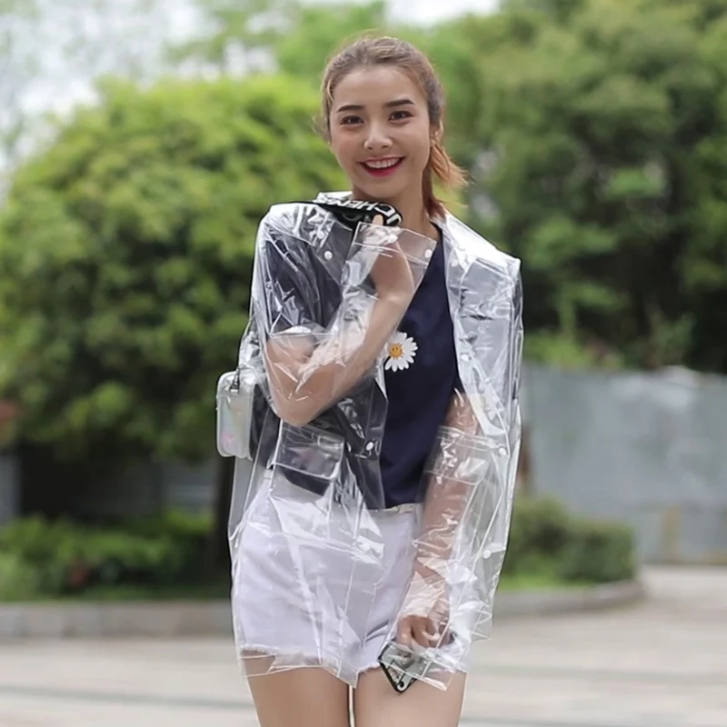 Прозрачный короткий непромокаемый плащ со съемной шапкой для женщин и мужчин