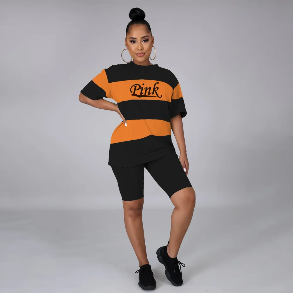 

Women Two Piece Set Striped Short Sleeve Loose Long T-shirt Solid Skinny Shorts Sports Fitness Clothing Summer