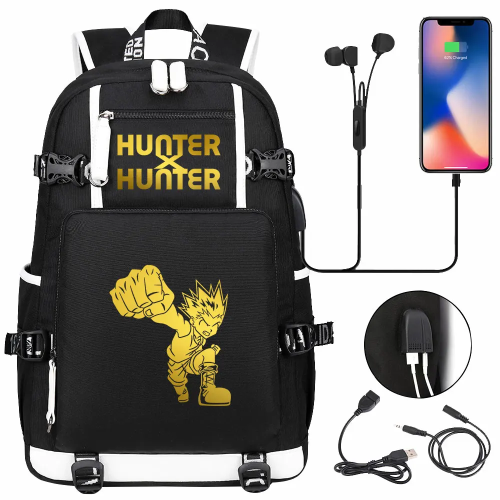 

New Anime Cool Golden HUNTERXHUNTER USB Boy Girl Book School Bags Large Capacity Teenagers Laptop Schoolbags Women Men Backpack