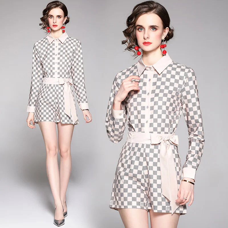 

Женский комплект из двух предметов, повседневная короткая приталенная рубашка с карманами и отложным воротником, шорты в английском стиле, ...