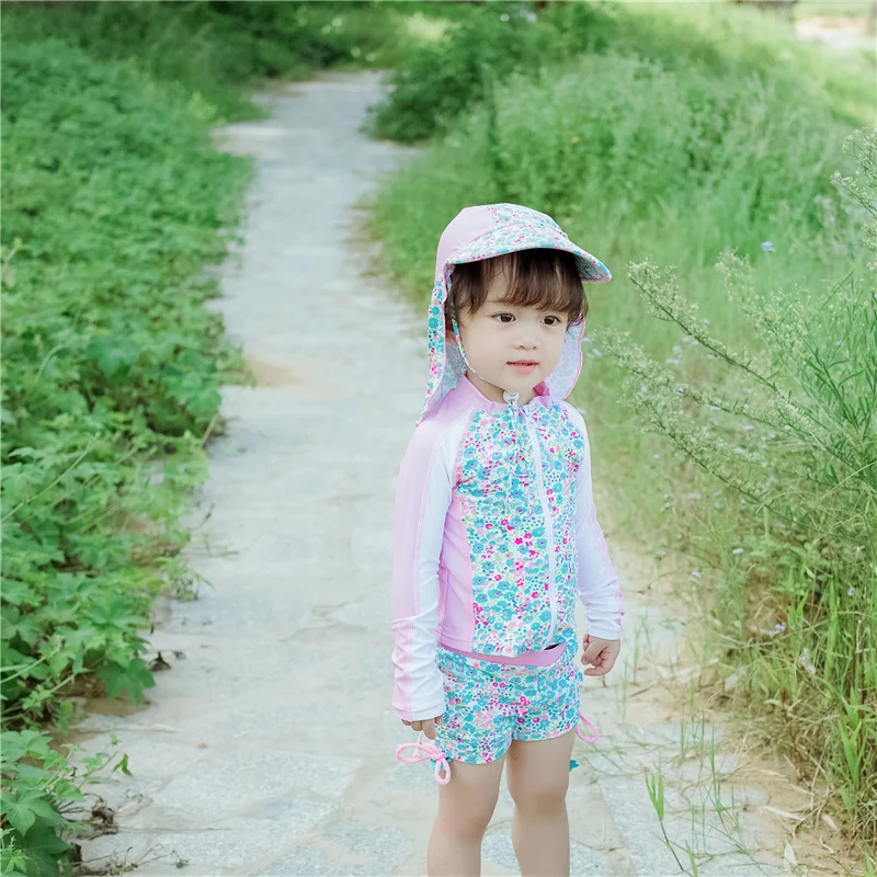 Girl Swimsuit Long Sleeve Children's Bathing Suit Floral Print Zipper Up Sun UV Protection Blouse Swimwear for Girls Rash Guard