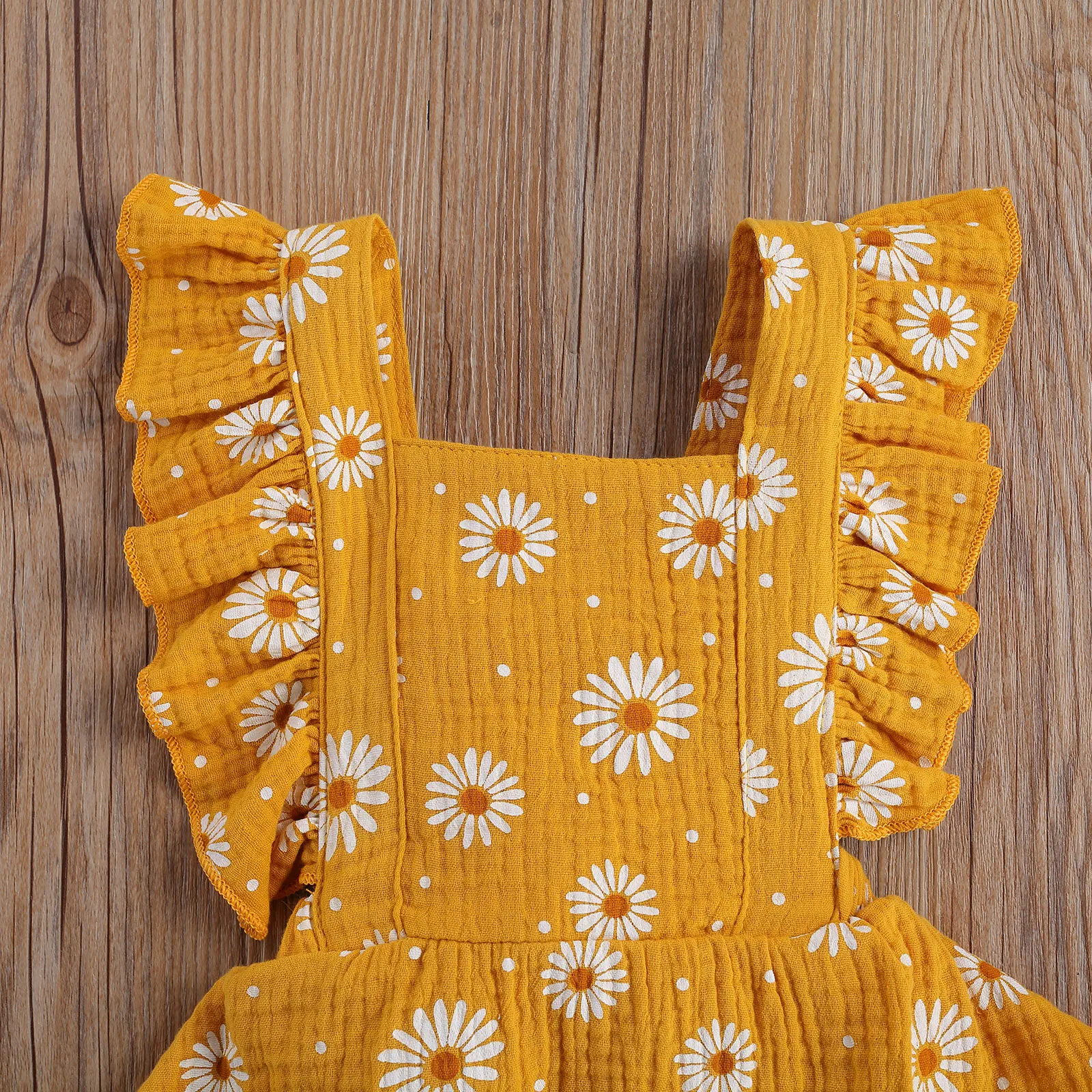 

Newborn Baby Girls Boys Bodysuits 0-24M Sunflowers Print Ruffles Short Sleeve Backless Belt Jumpsuits Headband 2pcs