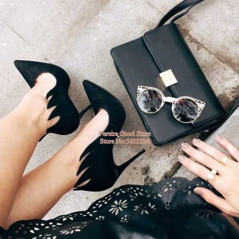 

Black Flame Stiletto Heel Pumps Suede Pointed Toe Dress shoes Slip-on Shallow High Heel Office Party Shoes Big Size 45 Drop Ship