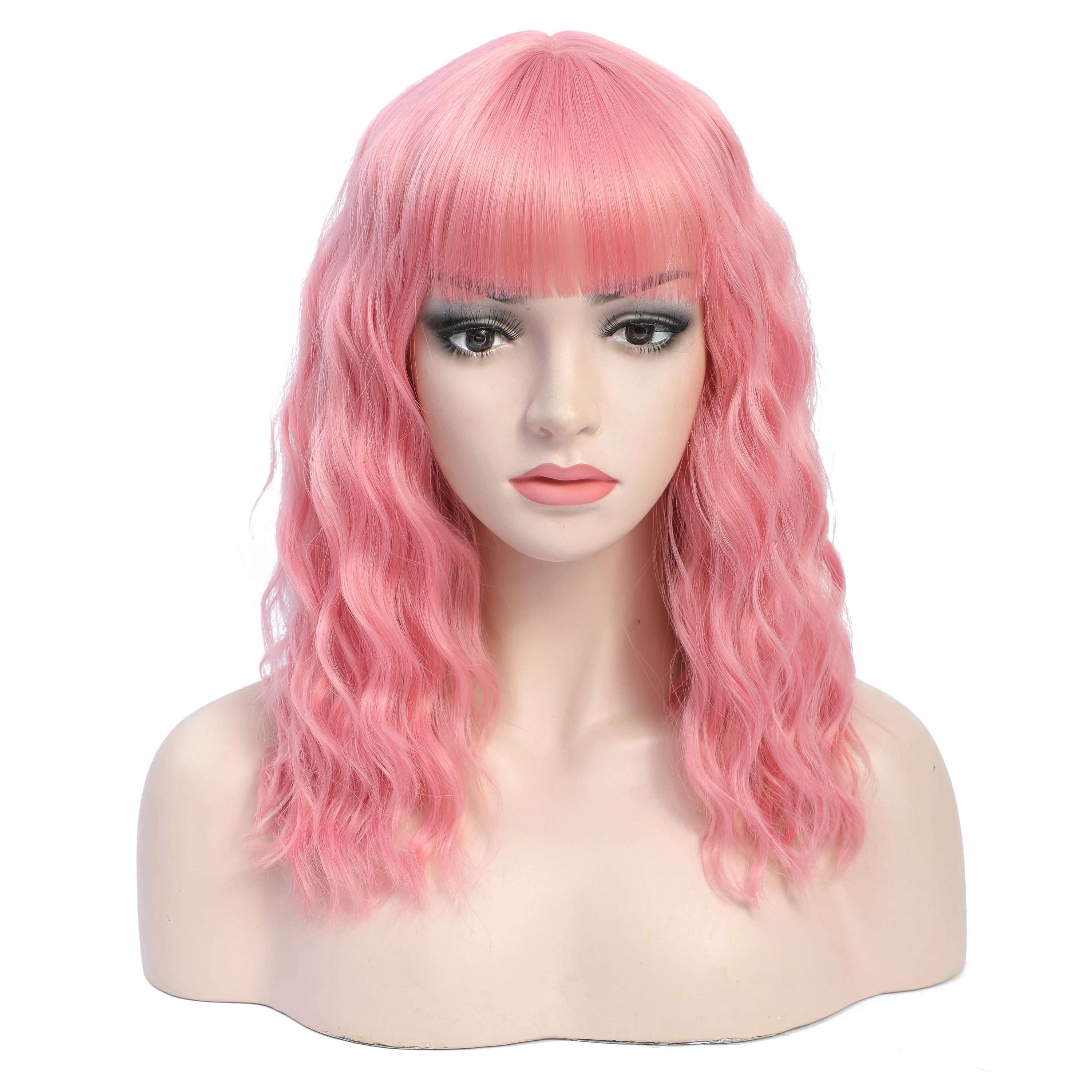 

16 Inches Long Wavy Pink Wigs For Women with Bangs For Femal Daily Use Cosplay Lolita Wigs Heat Resistant Toupee