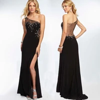 design sexy black long prom gowns one shoulder vestido de festa longo robe de soiree 2020 beading crystal bridesmaid dresses