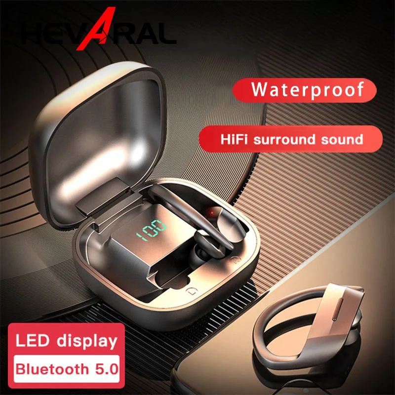 

Wireless 5.0 Sport Headset LED Display Ear-Hook Earphones 9D Noise Cance HiFi Stereo Music For Smartphones With HD Microphone