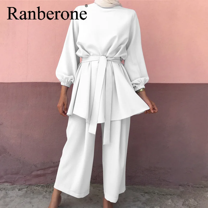 Ranberone Muslim Women Arab Suit Fashion Long Sleeve Tops Wide Leg Pants Islamic Two Piece Set Outfits Female Blouses Women Sets