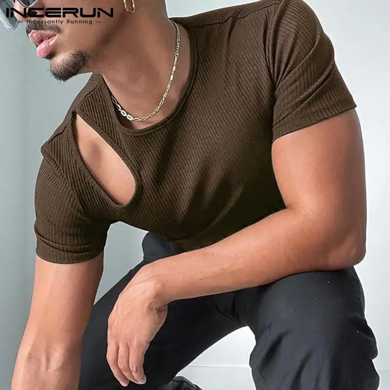 

Fashion Casual Style Men's Camiseta All-match Simple Male Hot Sale Leaky Shoulder Long-sleeved T-shirts S-5XL INCERUN Tops 2021