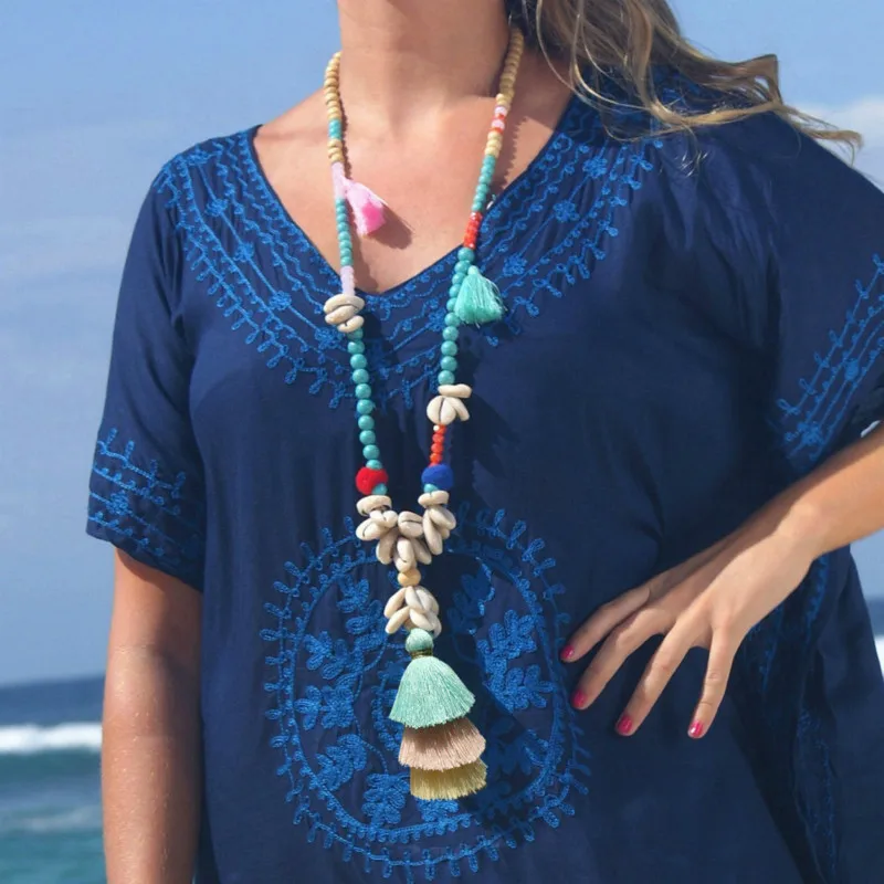 

Ожерелье с кисточками ручной работы в богемном стиле, длинное ожерелье с деревянными бусинами, ракушками, цепочкой на свитер, женский подар...