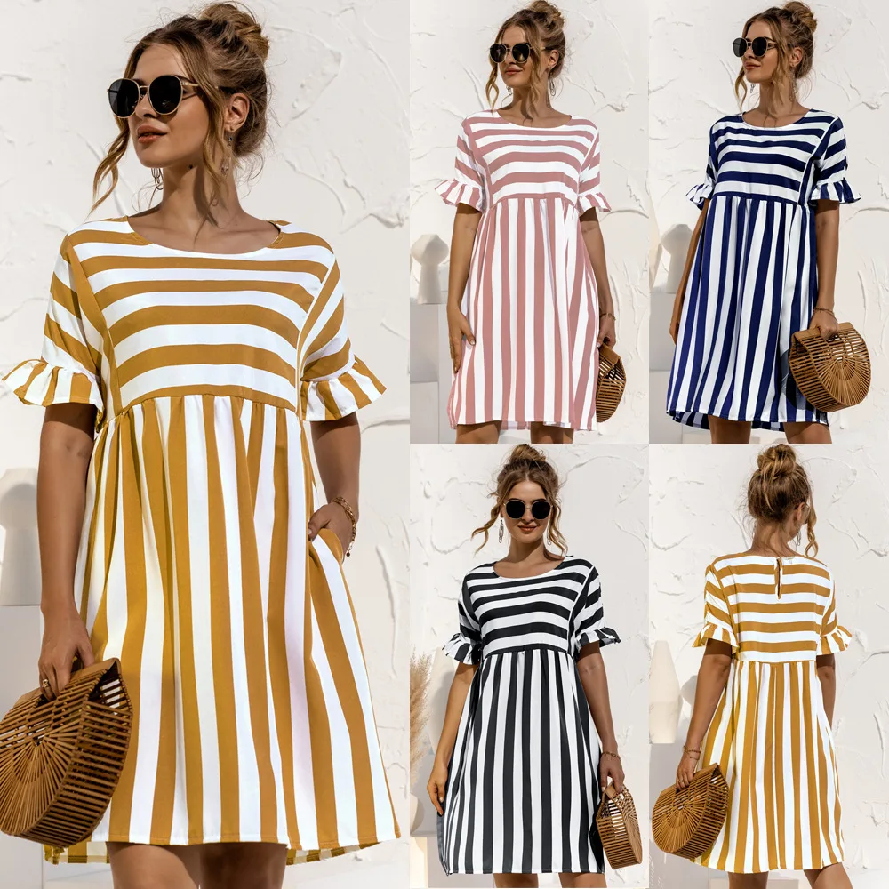 

2021 summer women's new arrival ruffled short-sleeved striped stitching contrast pocket loose dress