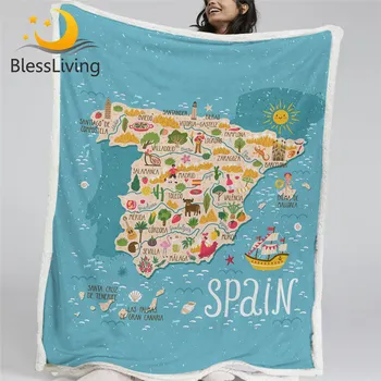 BlessLiving Map Bed Blanket Spanish Landmark Plush Blanket Tourism Blanket Travel Theme Mantas De Cama Local Customs Bedding 1