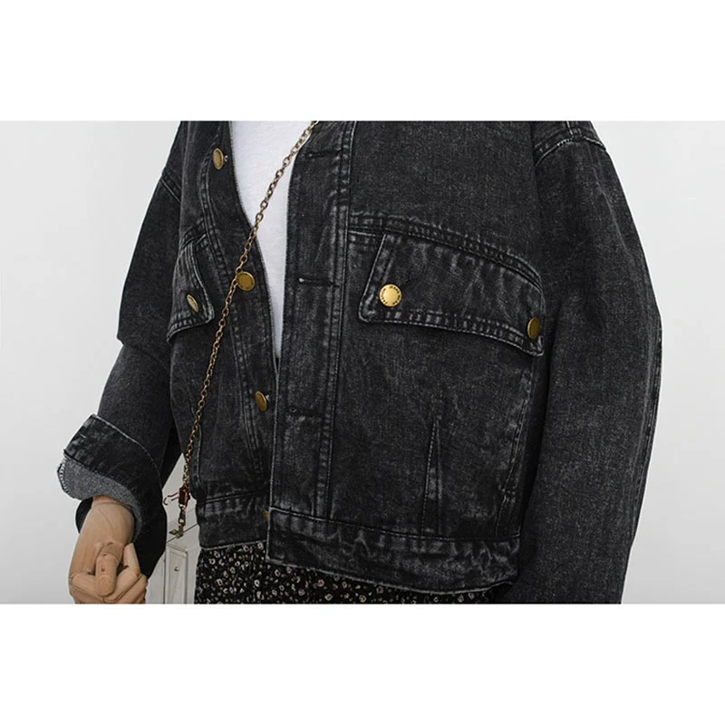 

Korean Washed Black Light Blue Denim Jacket Loose Big Pockets Women Short Coat Vetement Femme Casual Spring Autumn Jeans Jacket