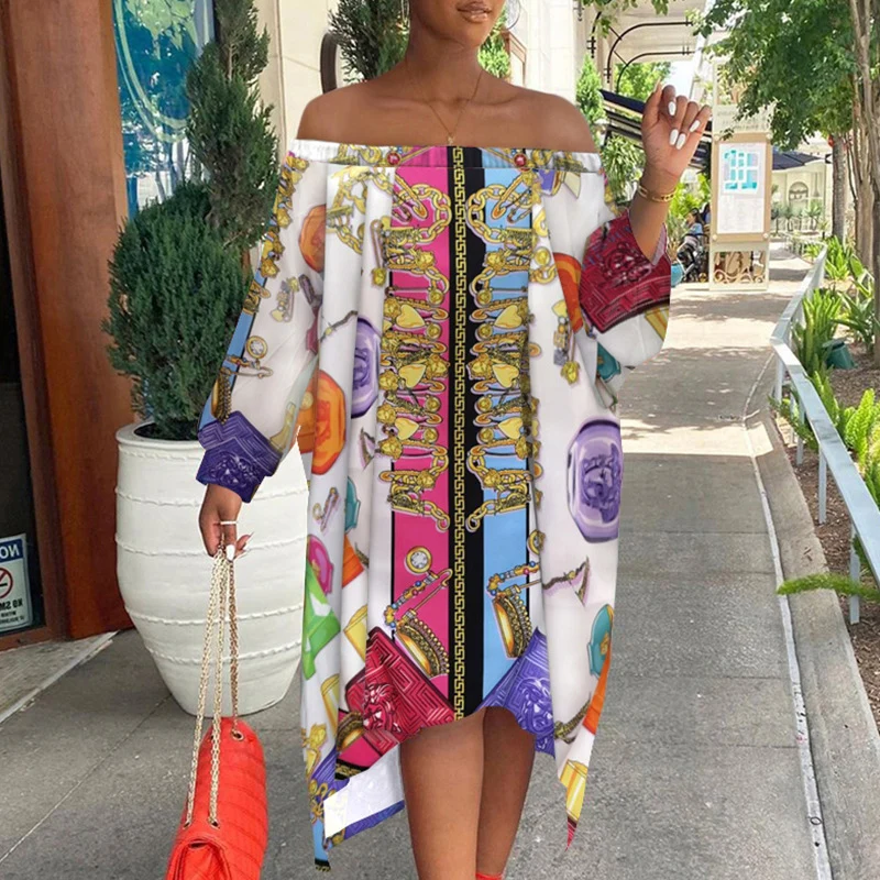 

Autumn Slash Neck Vintage Print Street Dress Women Casual Long Sleeve Pullover Dress 2021 Fashion Irregular Loose Party Dresses