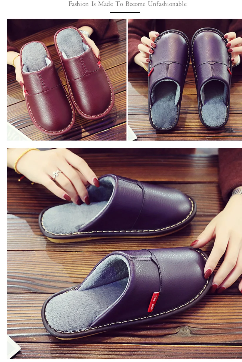 Plus size 45/46 Unisex home slippers women winter leather shoes microfiber high quelity female house slippers short plush shoes