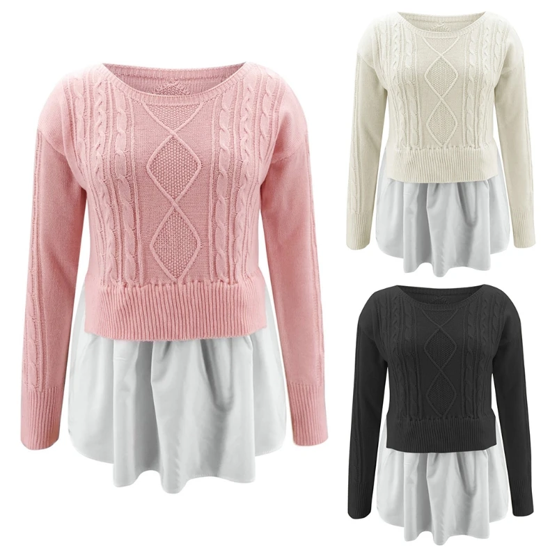 

Women Long Sleeve Turtleneck Sweater Ruffles Patchwork Buttons Pullover Top Solid Color Ribbed Knit Slim Jumper Shirt