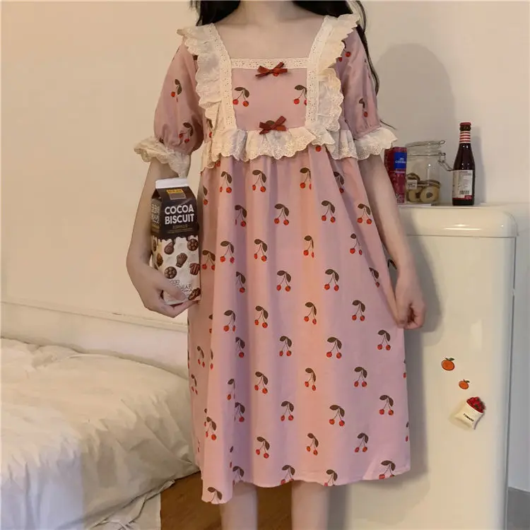 Long Ins Pajamas Women's Summer Short Sleeve Nightdress 2021 New Princess Wind Sweet Lovely Girl Home Dress Comfortable