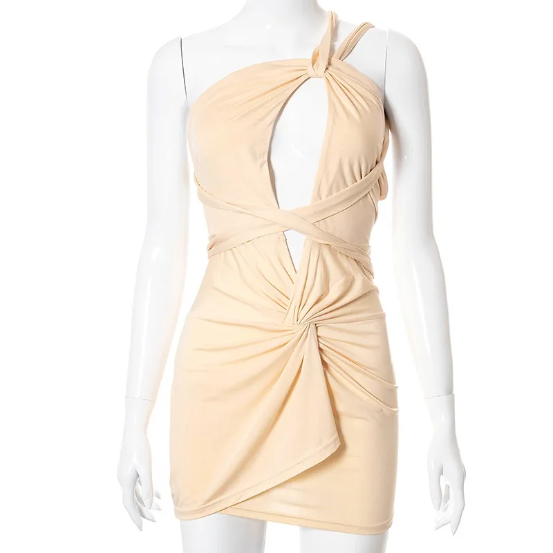 

Fashion One Shoulder Backless Ruched Sexy Summer Women's Dress 2021 Elegant Club Party Cut Out Bodycon Mini Dresses for Women