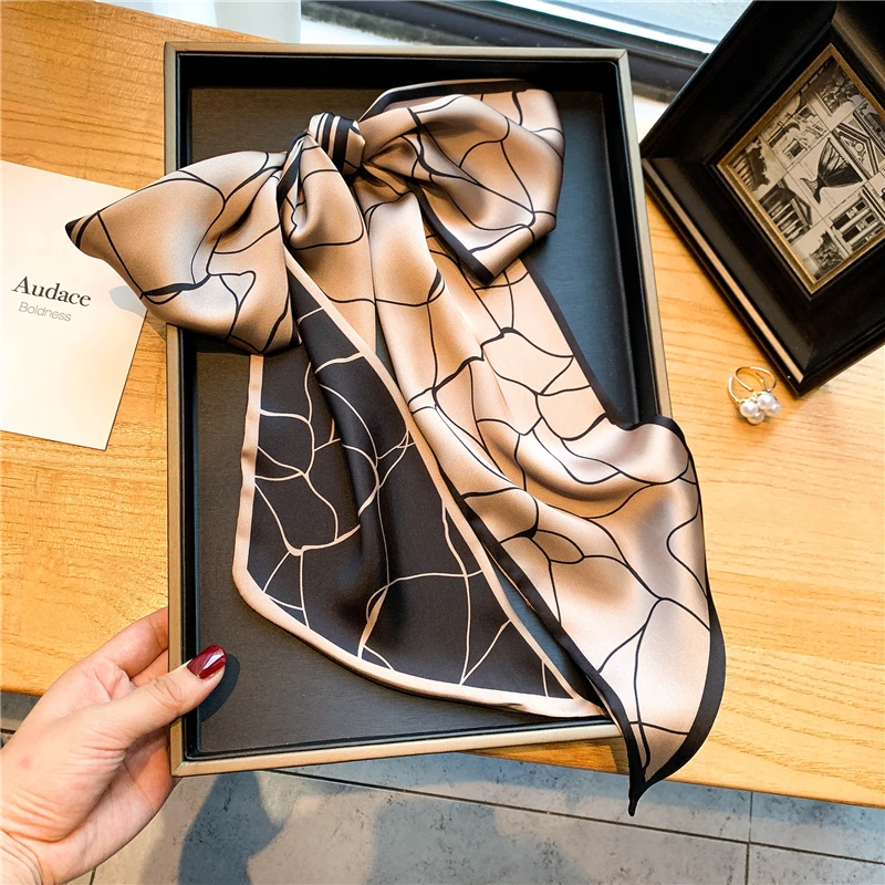 

Luxury Print Silk Skinny Hair Scarf for Women Design Headband Neck Tie Ribbons Scrunchies Female Bandana Kerchief Foulard 2021