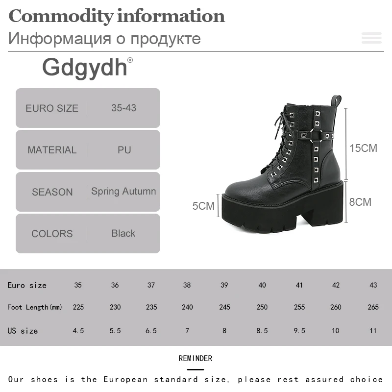 Gdgydh Fashion Rivets Black Chunky Heeled Boots for Women Autumn Lace Up and Zipper Women's Combat Boots Platform Heels 90s Goth