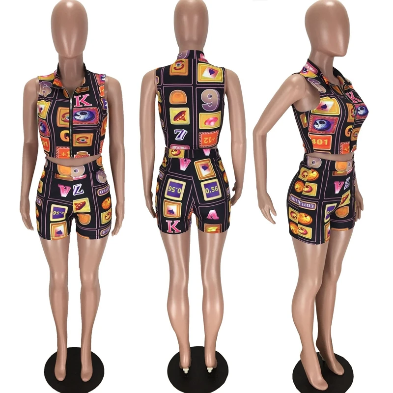 

Sexy Spring Summer Print Two Piece Set Vest Women Crop Top & Shorts Matching Set Tracksuits Sweat Suits Streetwear Club Outfits