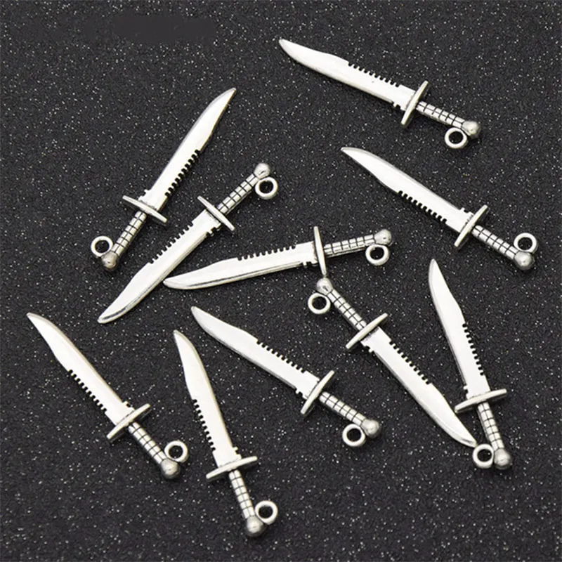 

10pcs 43x10mm Hot Sale Zinc Alloy Metal Knife Sword Charm Fit Bracelet Necklace Pendant Jewelry Tibetan Silver Color Accessories