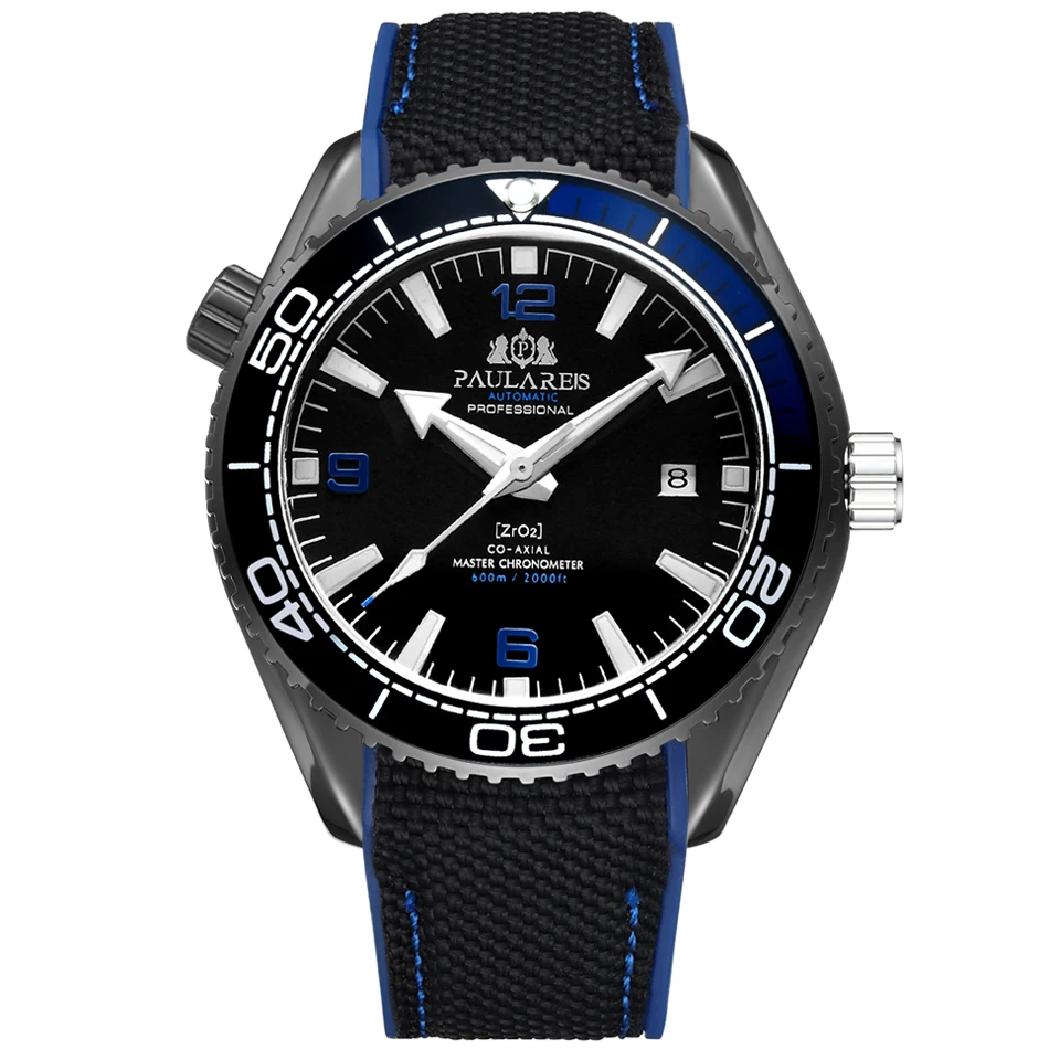 Black Blue Black Мужские автоматические механические холщовые часы с резиновым ремешком James Bond 007, стильные оранжевые, синие, красные классические часы с вращающейся рамкой - Цвет: Black Blue Black