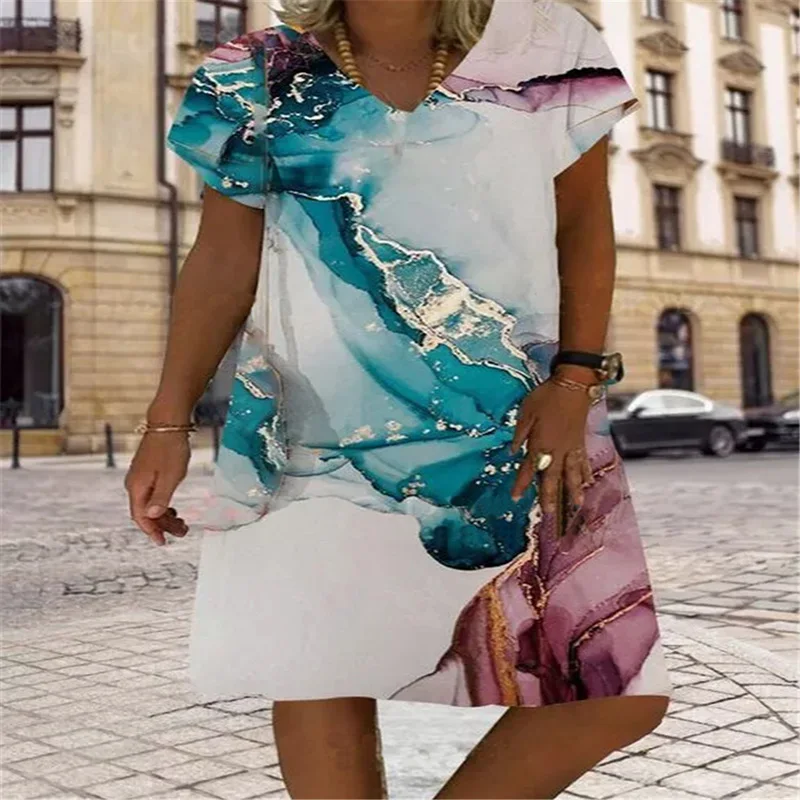 

2021 Summer Women's Clothing V-Neck Fashion Sundress Short Sleeve Loose Robe Casual Printing Light Dress Plus Size Midi Dresses