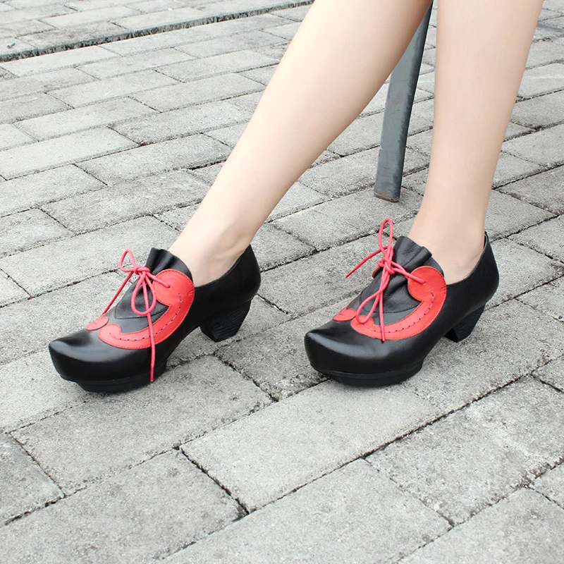 

Handmade genuine leather pumps women shoes pointed women casual shoes lace up personalized leather mother's shoes