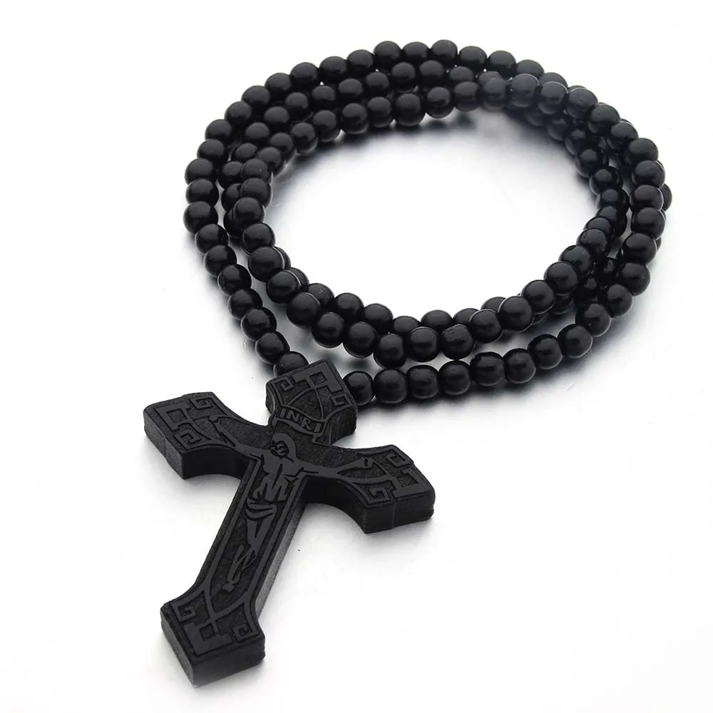 

New Wood Jesus INRI Cross Pendant Wooden Bead Carved Rosary Necklace for Men Christian Religious Male Jewelry