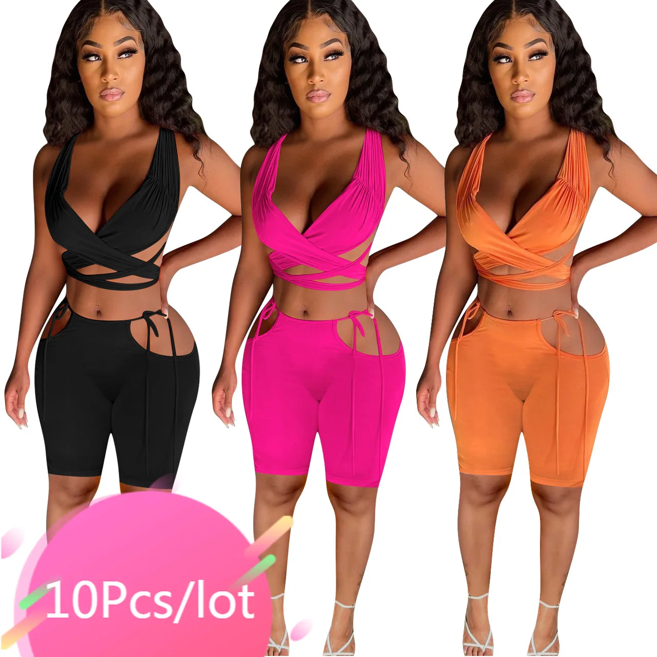 

Bulk Item Wholesale Lots Two Piece Set Women Shorts Solid V Neck Bandage Vest Hollow Out Short Sets Summer Vacation Outfits