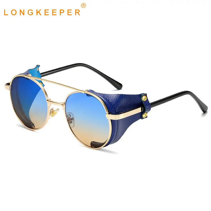 

LongKeeper Steampunk Sunglasses Men Metal Round Leather Side Shield Sun Glasses Women Retro Punk Gradient Eyewear UV400 Gafas