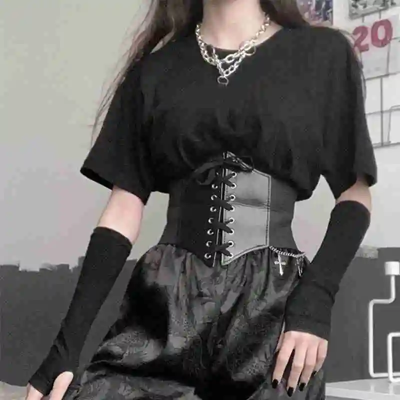 

Gothic Dark Lace Up Crop Top Women Corset Belt Slim PU Tops Leather To Out Wear Top Bustier Cummerbunds Harness Z2O3