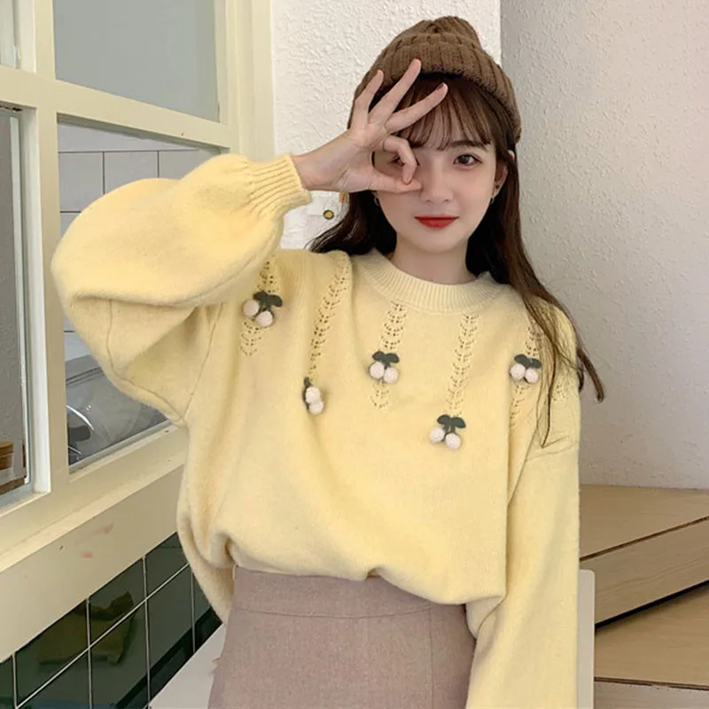 

New 2021 Autumn Winter Women's Sweaters Cute Pullover Lazy Oaf Oversized Elegant Vintage Korean Knitted Lady Kawaii Tops Yellow