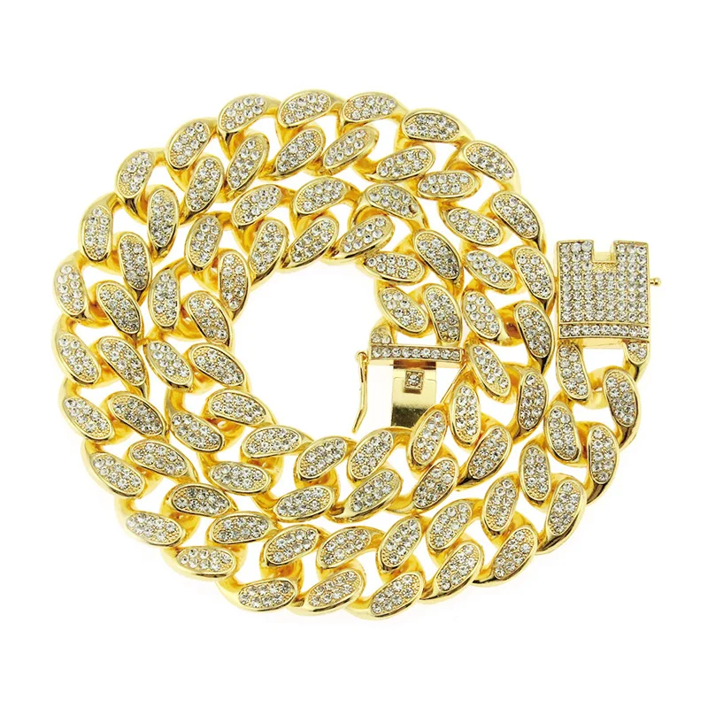 

European and American simple fashion hip-hop exaggerated men inlaid diamond gold 2CM wide Cuban necklace