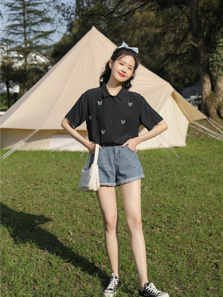 

Houthion Chiffon Slim Women's Blouses Fashion Short Sleeve Top Butterfly Embroidery Buttons Polo Shirt Summer New Casual Blouse