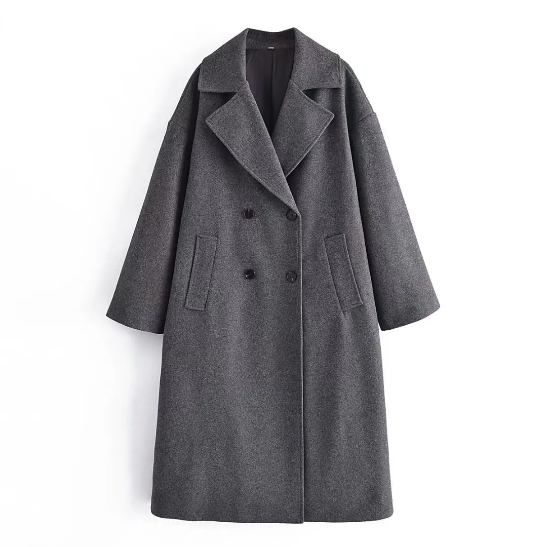 

2021 Fall Winter Korean Fashion Vintage Clothing Gray Lapel Double Breasted X-Long Wool Coats and Jackets for Women