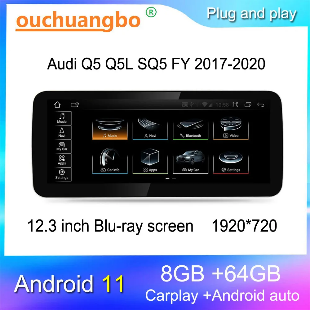 

Ouchuangbo multimedia radio for 12.3 inch Audi Q5 Q5L SQ5 FY 2017-2020 Android 11 Qualcomm stereo GPS 1920*720