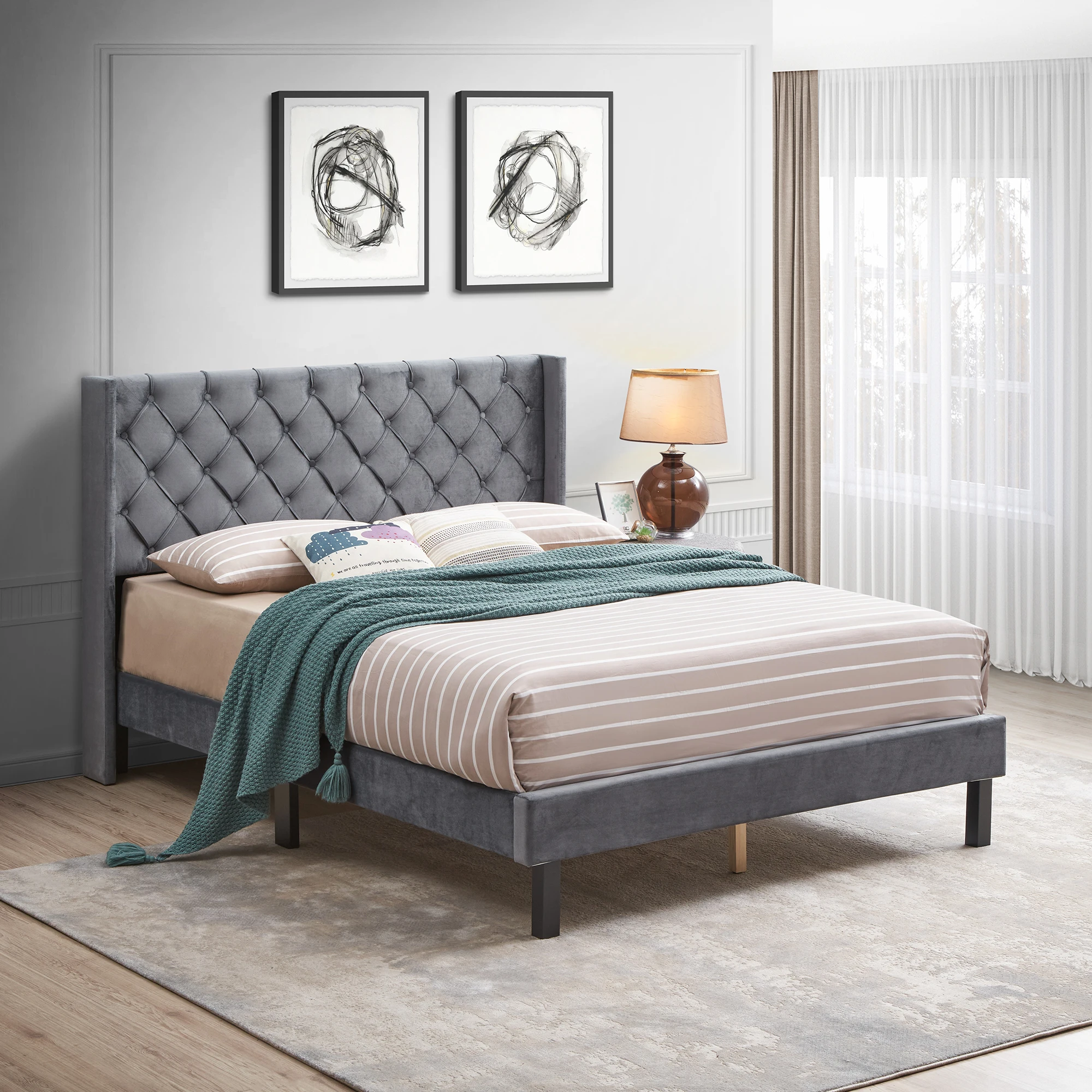 

Queen Velvet Button Tufted-Upholstered Bed with Wings Design - Strong Wood Slat Support - Easy Assembly Gray Platform Bed[US-W]