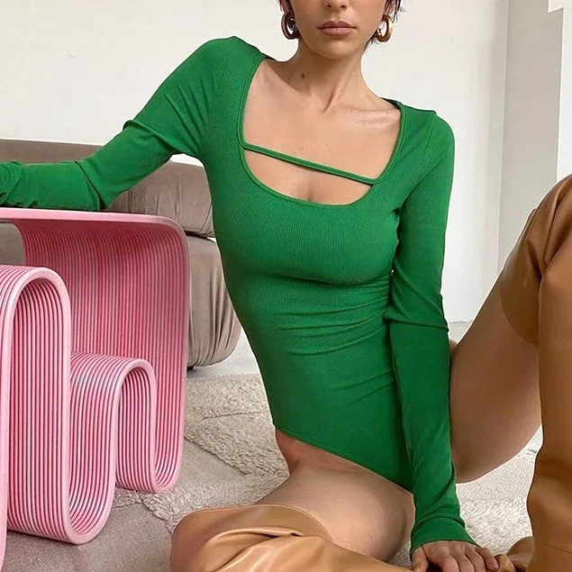 

Square Neck Sexy Slim Fit One-piece Tops Solid Color Temperament Street Style Long-sleeved Design T-shirt Spring and Summer New