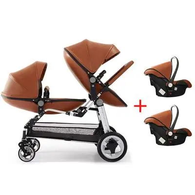 brown 2 car seat Горячая Высокая Пейзаж от 0 до 3 лет двойняшки детская коляска PU многофункциональная откидывающаяся кожа Материал двойняшки 2in1детская коляска - Цвет: brown 2 car seat