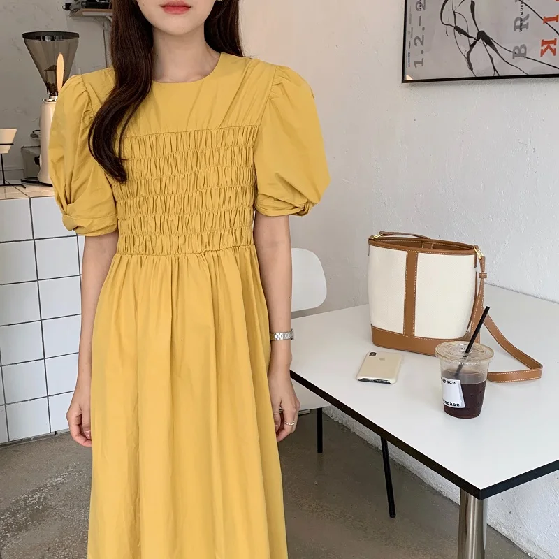 

French Summer New Minimalist High-Quality Dress Fashion Women'S Casual O-Neck Long Dress Pleated Elegant Puff Sleeve Dress 2021