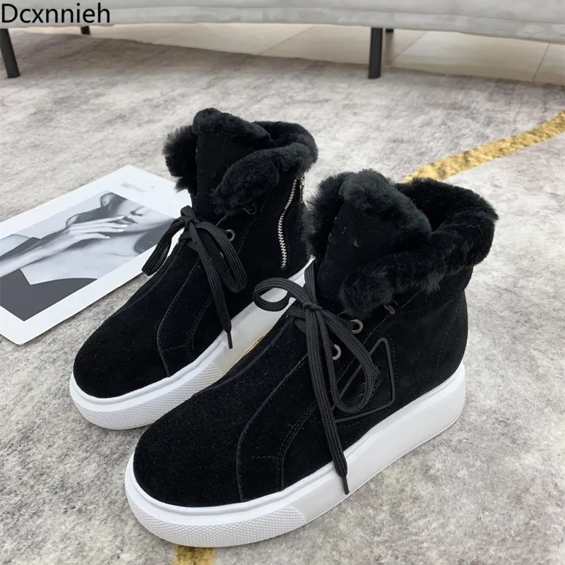

Designer Brand Luxury Women Shoes Winter Plus Velvet Warm Snow Boots Cow Suede Real Wool Round Toe Boots 2020 Zapatos De Mujer