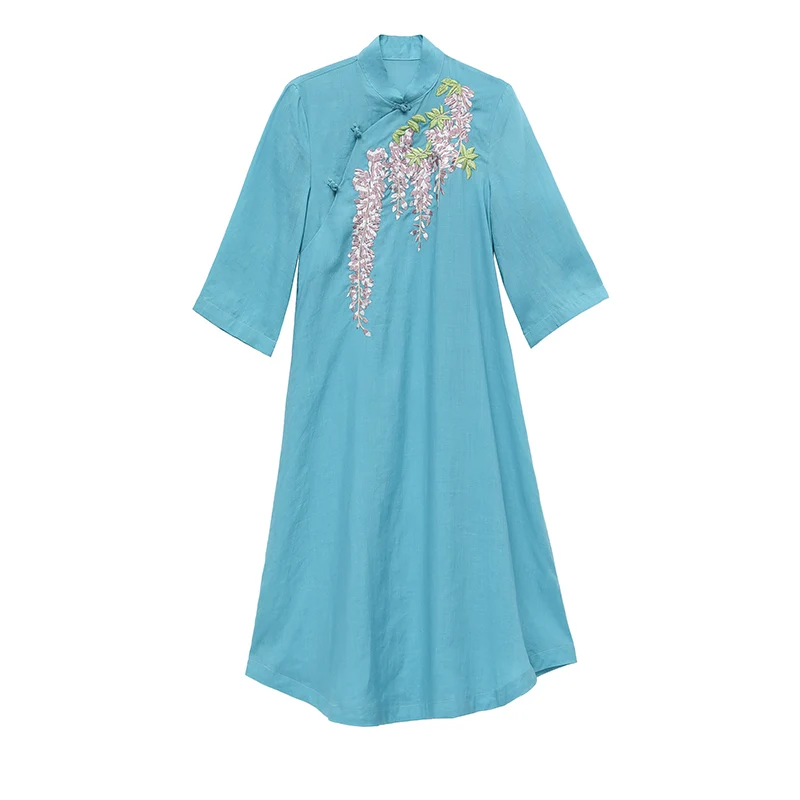 

COIGARSAM Women Dress Spring 2021 National Wind Cheongsam Vintage Short Sleeve Embroidery Stand Neck Peacock Blue Dresses Traf