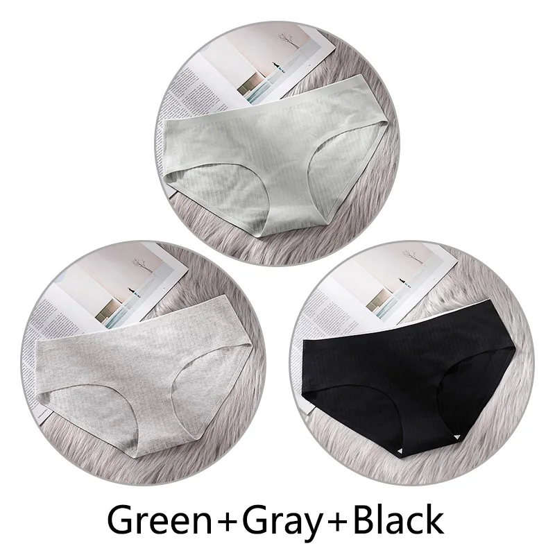 Green Gray Black 3 шт. сверхтонкое, бесшовное нижнее белье из хлопка, Для женщин нижнее белье, мягкие трусики с большими чашечками для Размеры 4XL белье соты с заниженным шаговым швом ткань нижнее бельё - Цвет: Green Gray Black