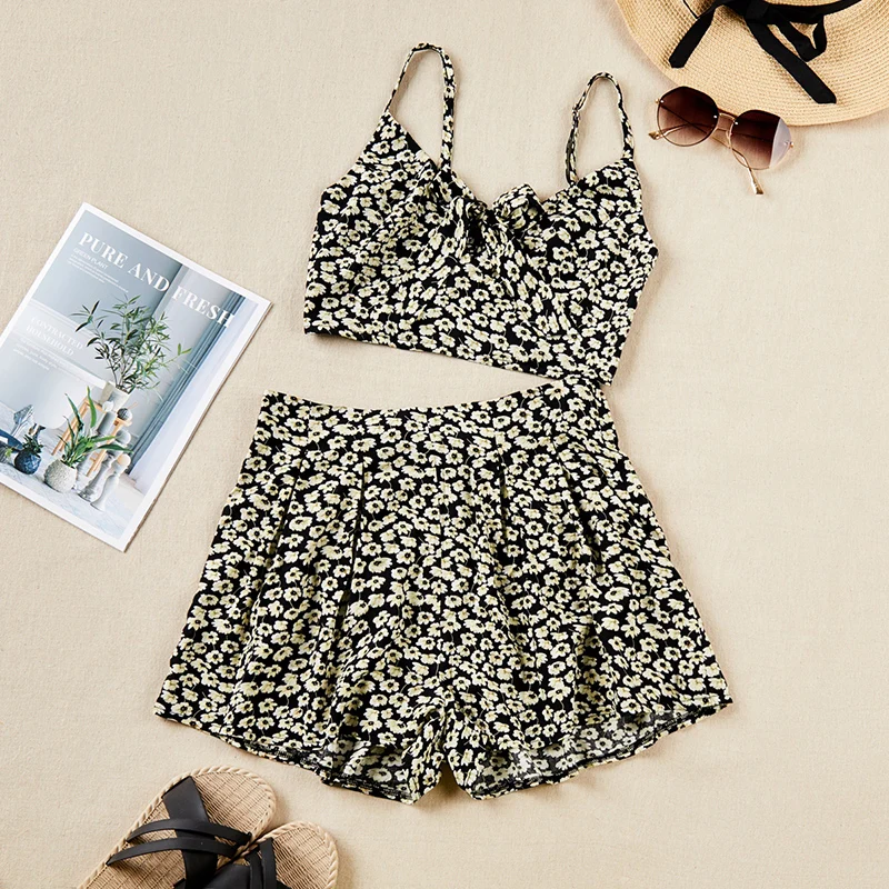 JYSS/женский комплект 2 шт. желтый укороченный топ на бретельках шорты в горошек с