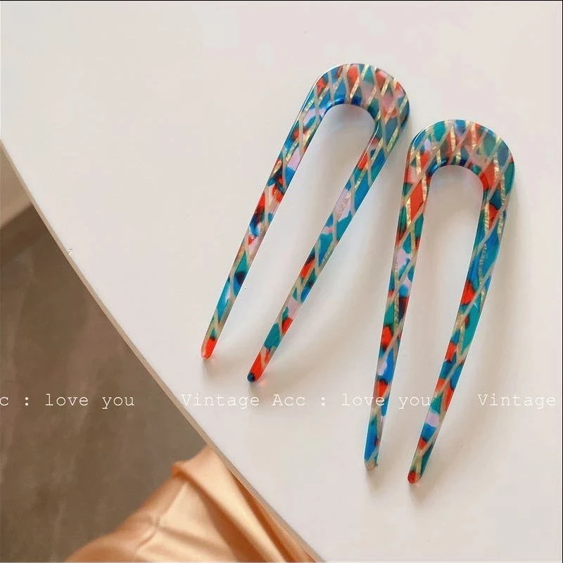 2021 ретро красочные акриловые U-образные геометрические палочки для волос простые