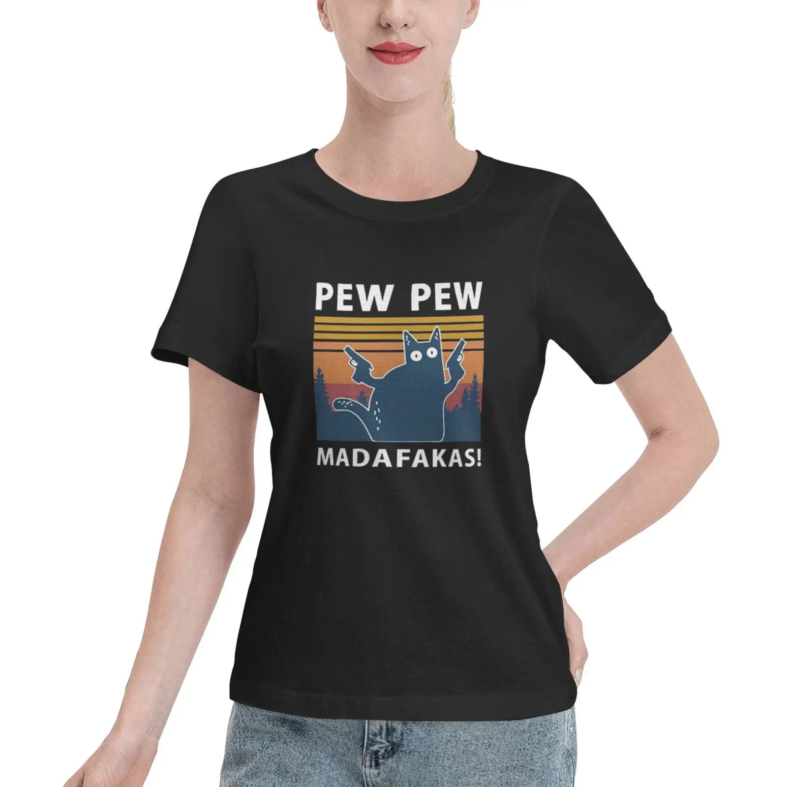 

100% Cotton T Shirt Women Pew Pew Madafakas Funny Cat Print T-shirts Women Summer 2021 Graphic Tees Shirts For Woman Tshirts
