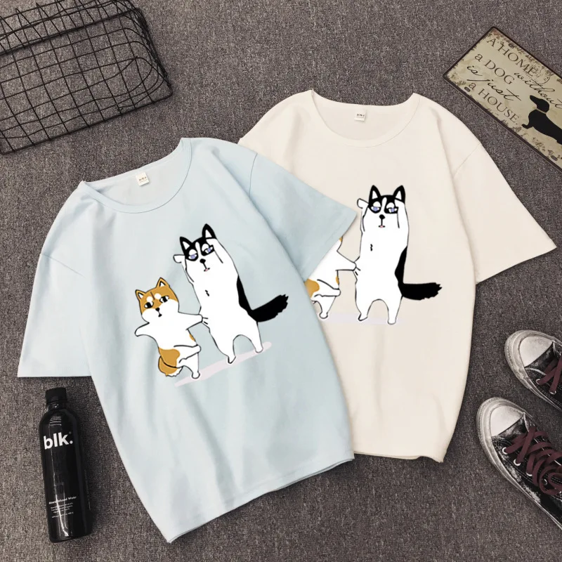 

Cute Dancing Dogs Print T Shirt Women Spring Summer Short Sleeve O Neck Cotton Spandex Women Tops Tees Casual Female T-shirt